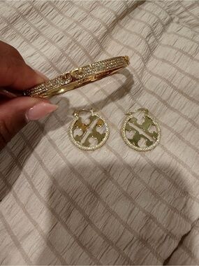 Gold Circular Logo Drop Earrings with Pave Bangle
